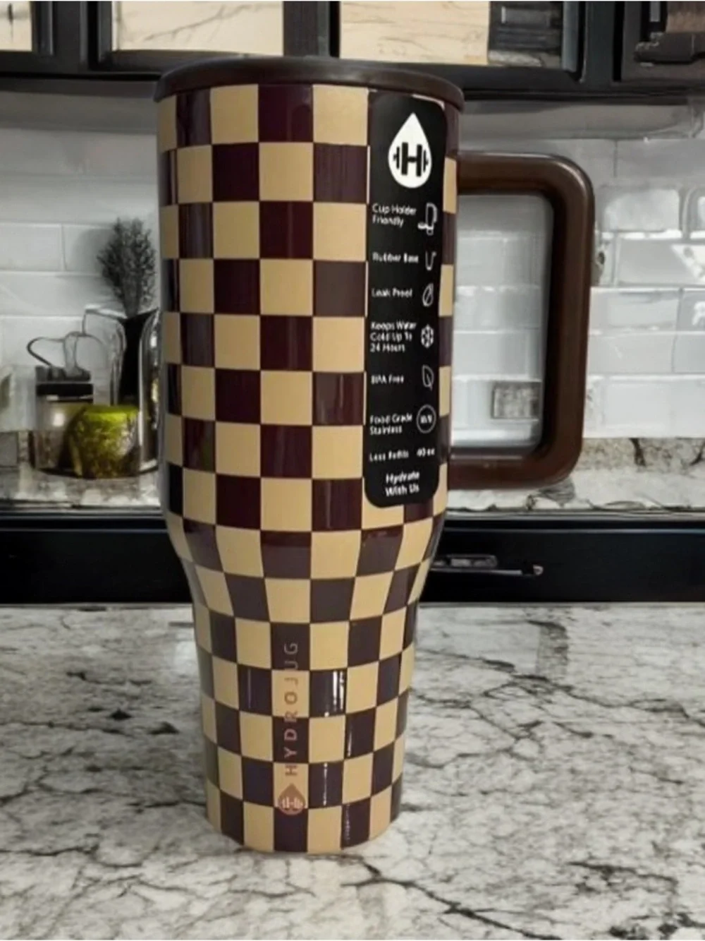 ravel Brown and Cream Checkered Insulated Travel Mug with Handle